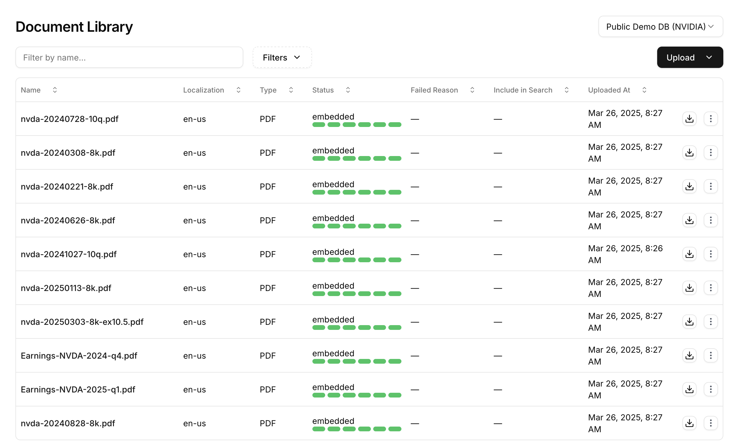 AlphaWatch document library showing uploaded finance documents embedded for search