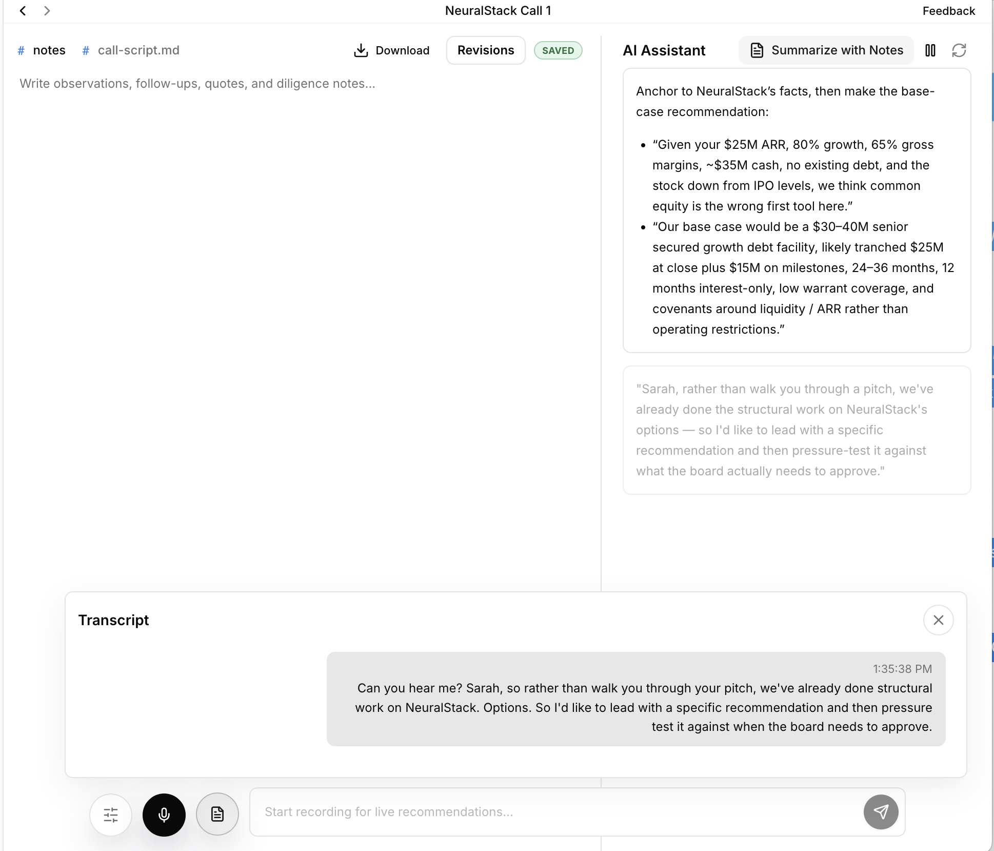 AlphaWatch expert call platform with AI assistant, transcript, and live recommendation controls