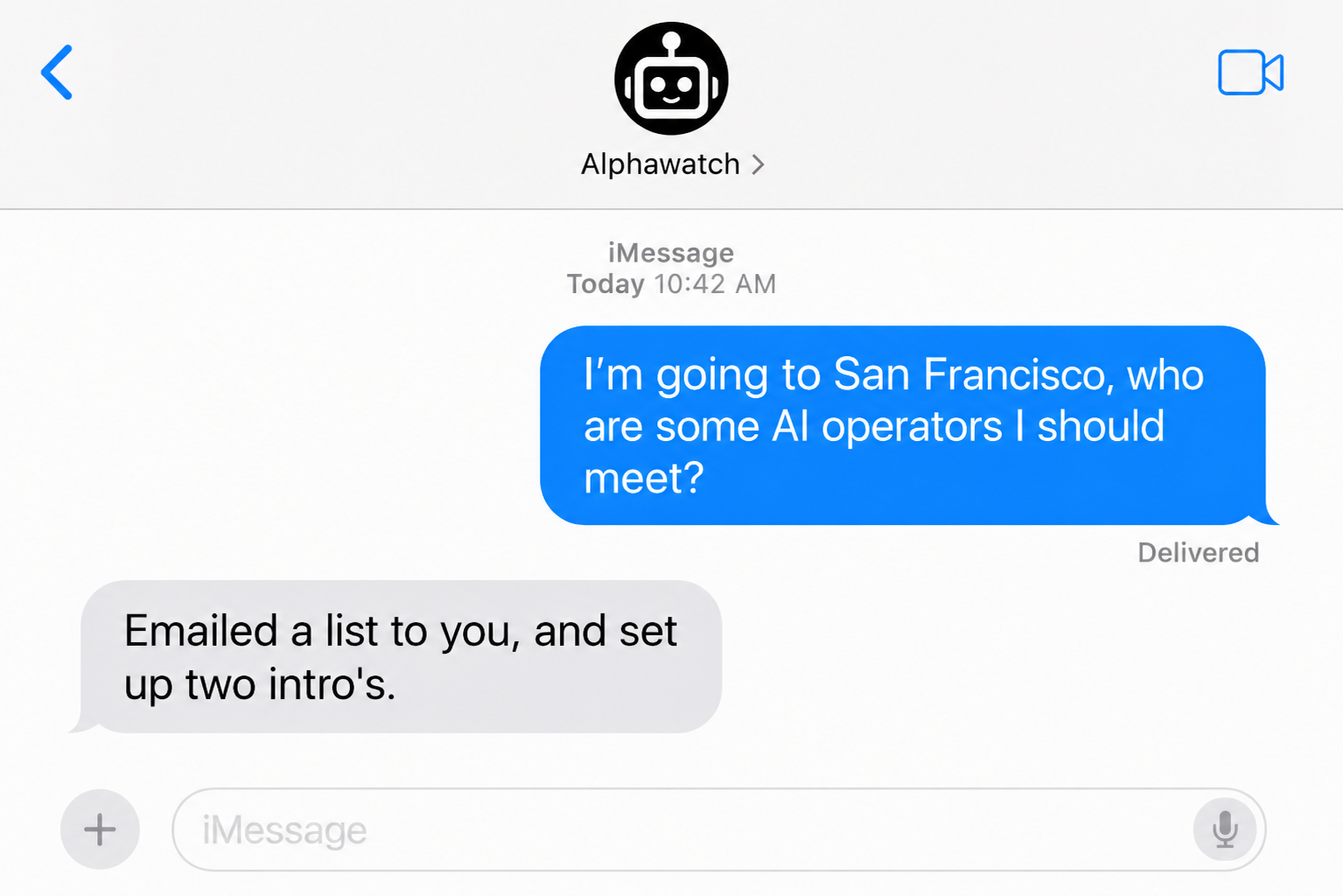 iMessage example asking AlphaWatch for AI operators to meet in San Francisco